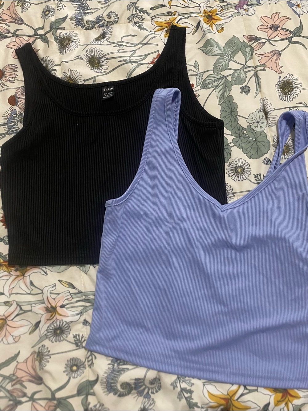 SHEIN Ribbed Scoop Crop Top Set in Black and Lavender